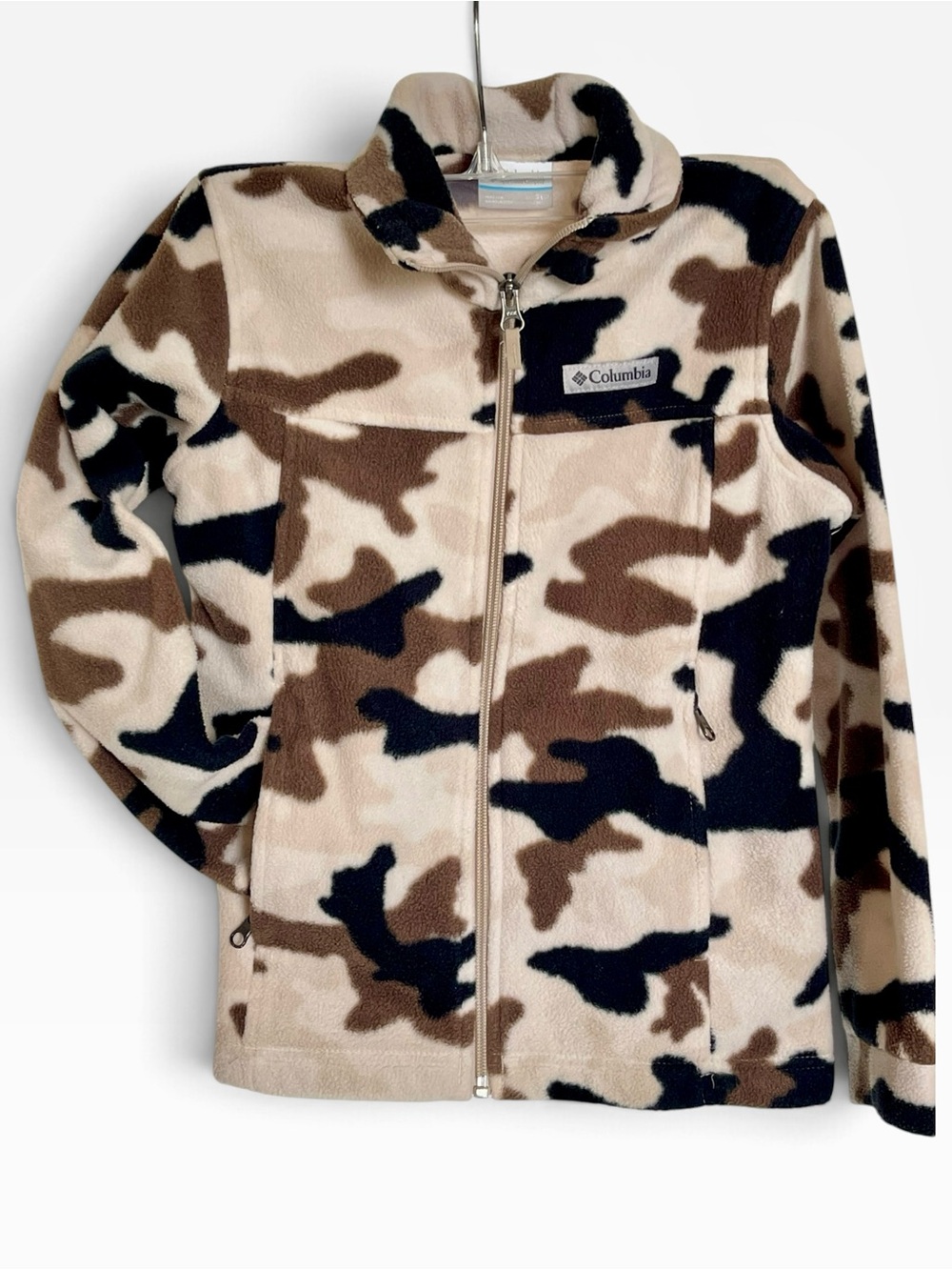 Columbia Zing III Boys Full Zip Camo Fleece Jacket Black Beige Khaki Size S 8